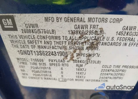 2002 Chevrolet Trailblazer Ls from USA, damaged, VIN 1GNDT13S622431906